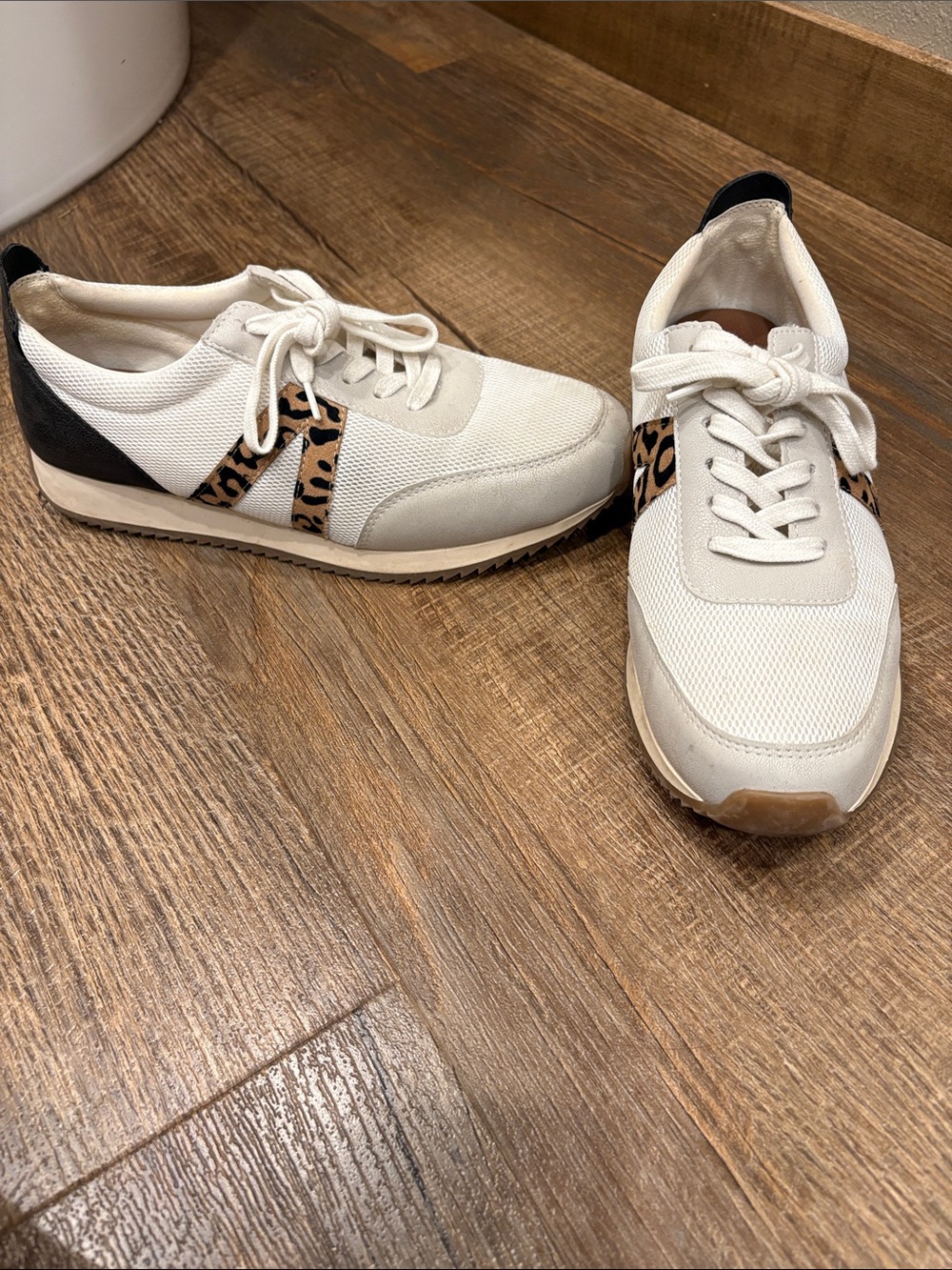 MIA Ivory Lace-Up Sneakers with Leopard Stripe and Black Heel